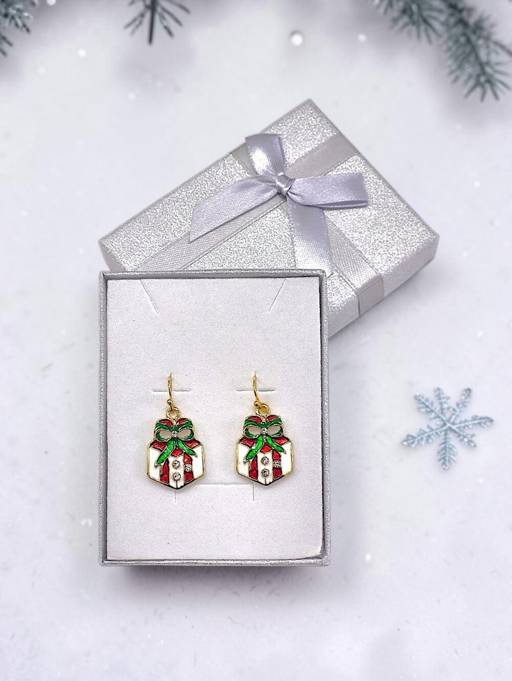 Festive Holiday Present Drop Earrings with Gift Box